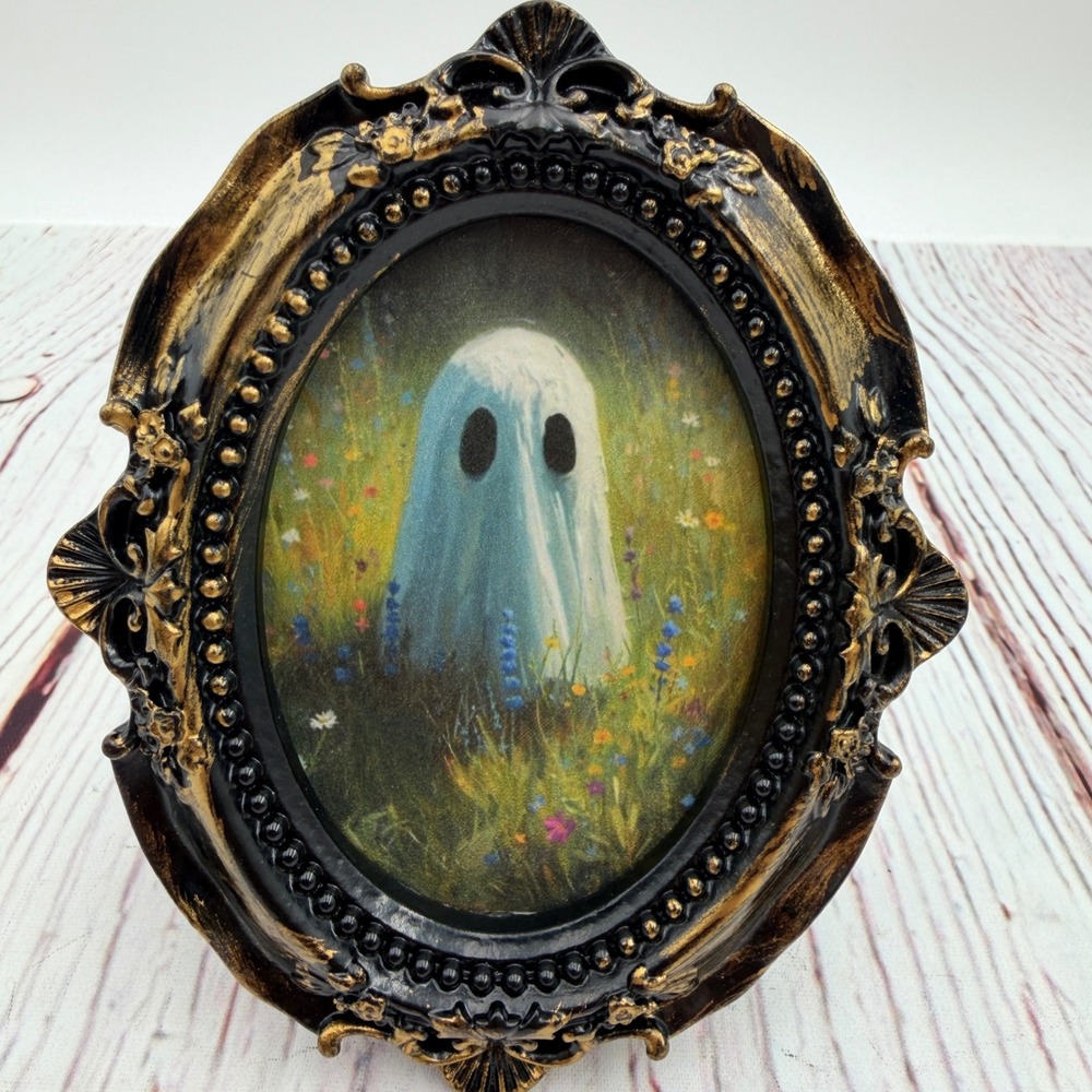 Ghost in Wildflower Field Decoupage Art Ornate Gold Black Resin Frame 4.5 inch